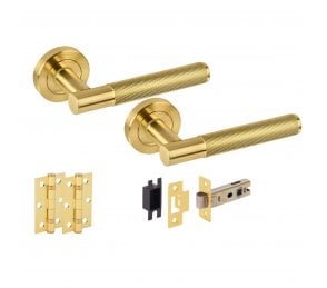 Hunta Evo Knurled Door Handle Latch Pack (X2 Hinges) - Satin Brass