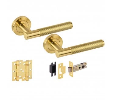 Hunta Evo Knurled Door Handle Latch Pack (X2 Hinges) - Satin Brass
