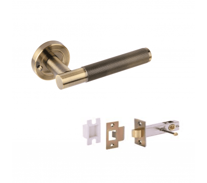 Hunta Evo Knurled Privacy Lever On Round Rose - W/Privacy Latch - Antique Brass