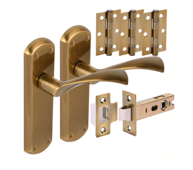Hunta Gardena Lever On Backplate Door Pack (x3 76mm Hinges) - Antique Brass