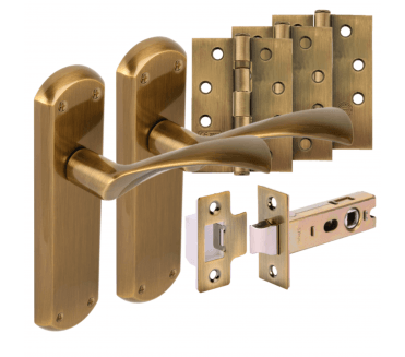 Hunta Gardena Lever On Backplate Fire Rated Latch Pack (x3 102mm FD Hinges) - Antique Brass