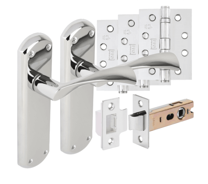 Hunta Gardena Lever On Backplate Fire Rated Latch Pack (x3 102mm FD Hinges) - Polished Chrome