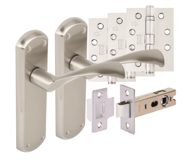 Hunta Gardena Lever On Backplate Fire Rated Latch Pack (x3 102mm FD Hinges) - Satin Nickel