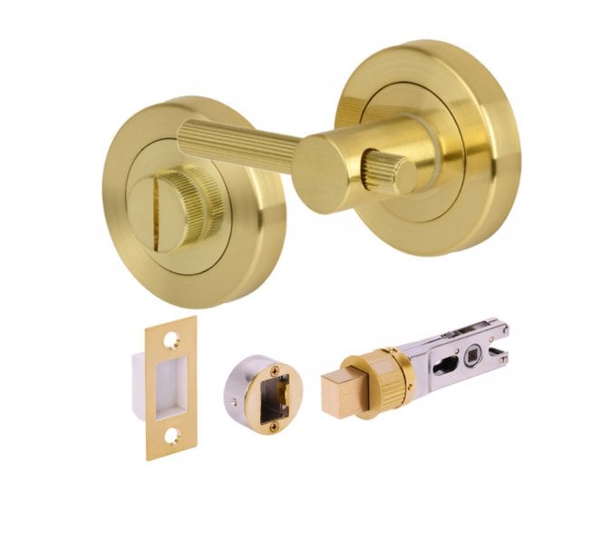 Hunta H2959 Linear Bathroom Turn & Release Set W/ 76mm Bullet Deadbolt - Satin Brass
