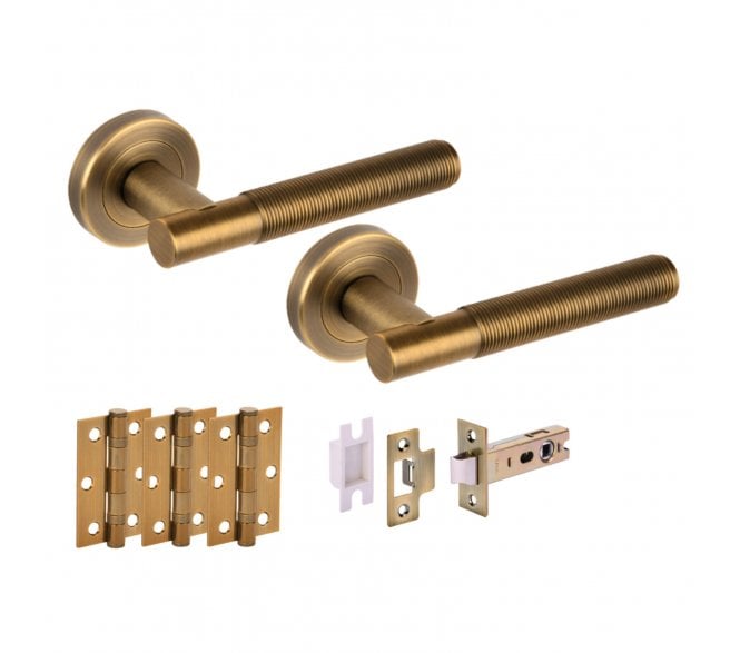Hunta Halo Door Handle Latch Pack (x3 76mm Hinges) - Matt Antique Brass