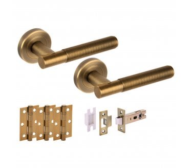 Hunta Halo Door Handle Latch Pack (x3 76mm Hinges) - Matt Antique Brass
