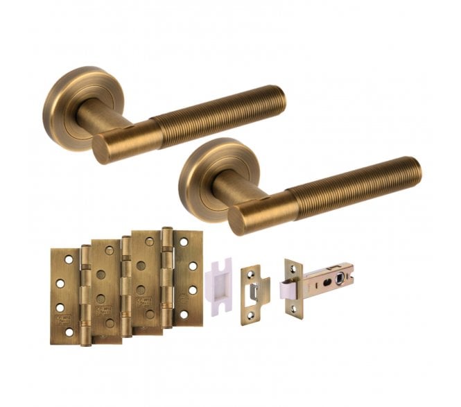 Hunta Halo Fire Rated Door Handle Latch Pack (x3 102mm Hinges) - Matt Antique Brass