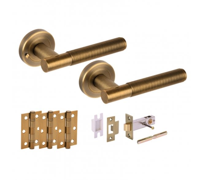 Hunta Halo Privacy Door Handle Latch Pack (x3 76mm Hinges) - Matt Antique Brass