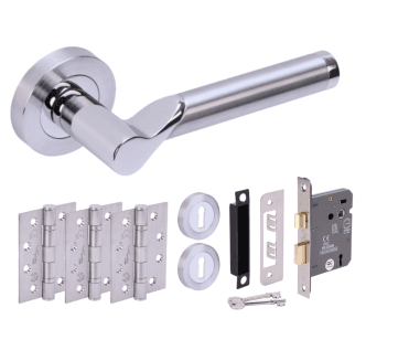 Hunta Hydrus Polished/Satin Chrome Fire Rated Door Handle Lock Pack (x3 hinges)