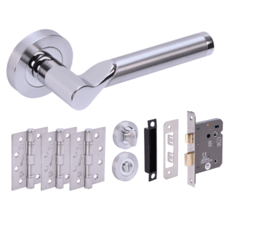 Hunta Hydrus Polished/Satin Chrome Fire Rated Door Handle Bathroom Pack (x3 hinges)