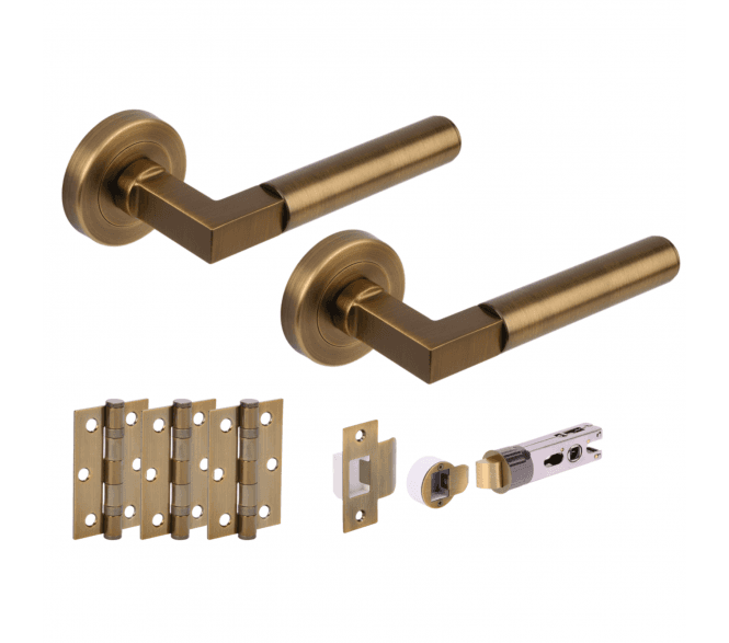 Hunta Katana Lever On Round Rose Bullet Latch Pack (x3 76mm hinges) - Antique Brass