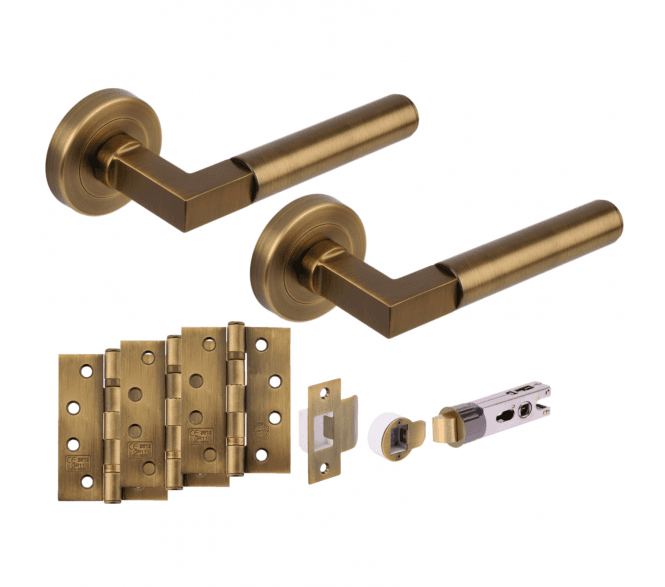 Hunta Katana Lever On Round Rose Fire Rated Bullet Latch Pack (x3 102mm FD hinges) - Antique Brass