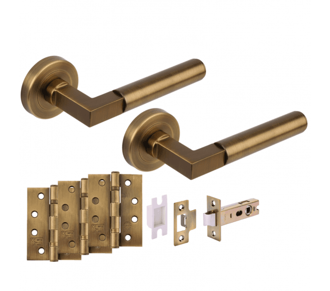 Hunta Katana Lever On Round Rose Fire Rated Latch Pack (x3 102mm FD hinges) - Antique Brass