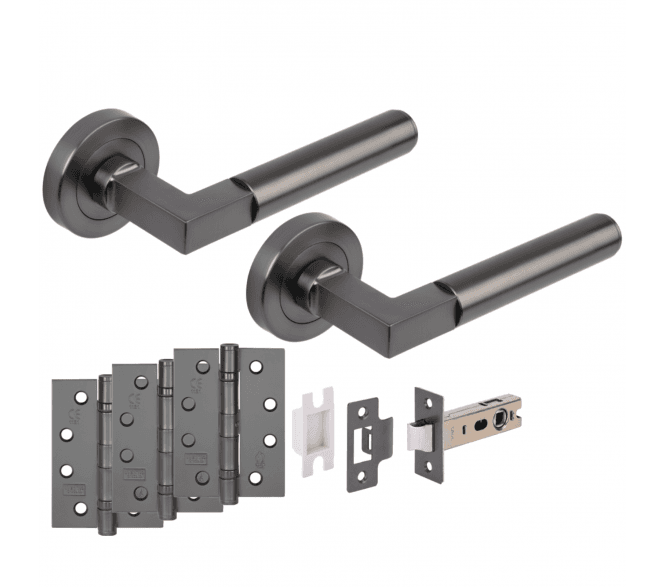 Hunta Katana Lever On Round Rose Fire Rated Latch Pack (x3 102mm FD hinges) - Gun Metal