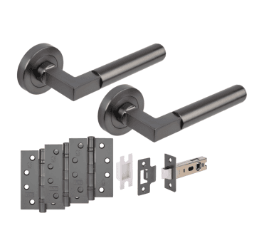Hunta Katana Lever On Round Rose Fire Rated Latch Pack (x3 102mm FD hinges) - Gun Metal