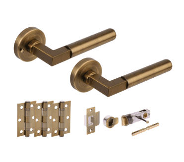 Hunta Katana Lever On Round Rose Privacy Bullet Latch Pack (x3 76mm hinges) - Antique Brass