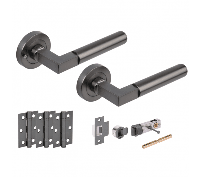 Hunta Katana Lever On Round Rose Privacy Bullet Latch Pack (x3 76mm hinges) - Gun Metal