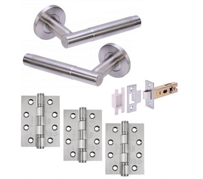 Hunta Kotor Knurled Satin Stainless Steel Door Handle Latch Pack (x2 hinges)