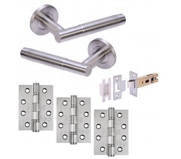 Hunta Kotor Knurled Satin Stainless Steel Door Handle Latch Pack (x2 hinges)