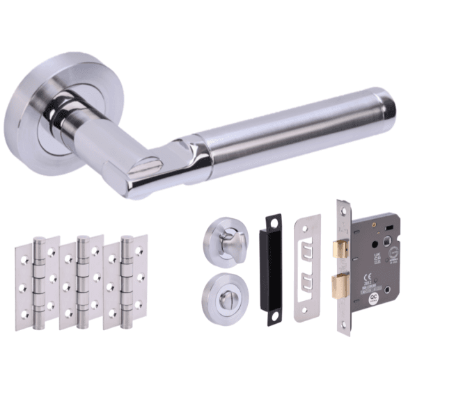 Hunta Lacerta Polished/Satin Chrome Door Handle Bathroom Pack (x3 hinges)