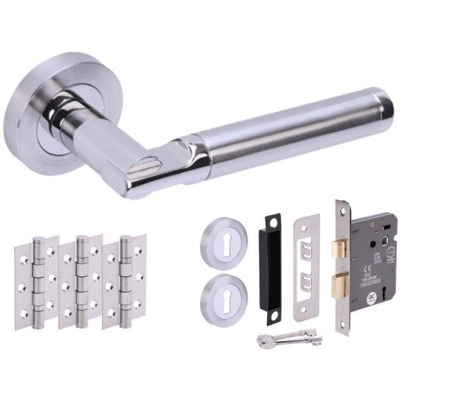 Hunta Lacerta Polished/Satin Chrome Door Handle Lock Pack (x3 hinges)