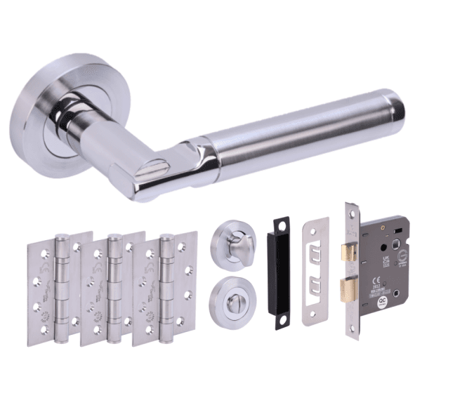 Hunta Lacerta Polished/Satin Chrome Fire Rated Door Handle Bathroom Pack (x3 hinges)