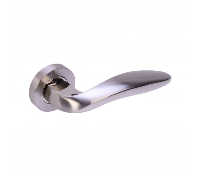 Hunta Lagus Door Handle on Rose - Satin Nickel/Polished Nickel