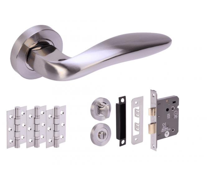 Hunta Lagus Polished/Satin Nickel Door Handle Bathroom Pack (3x hinges)