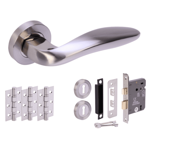 Hunta Lagus Polished/Satin Nickel Door Handle Lock Pack (3x hinges)