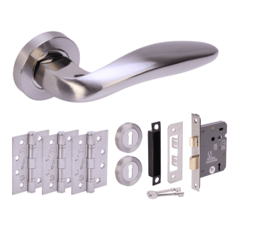 Hunta Lagus Polished/Satin Nickel Fire Door Handle Lock Pack (3x hinges)
