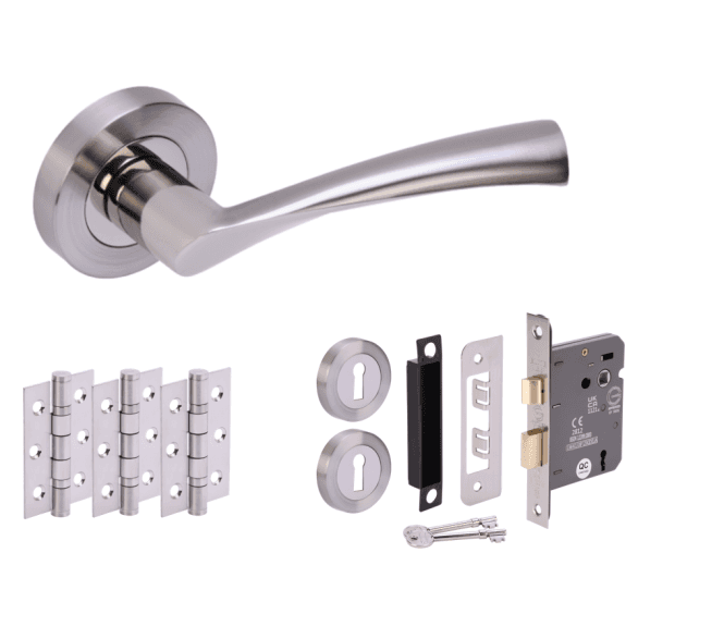 Hunta Lobo Polished/Satin Nickel Door Handle Lock Pack (3x hinges)