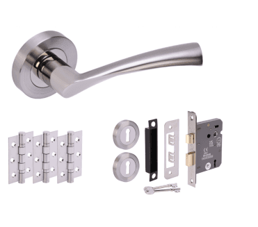 Hunta Lobo Polished/Satin Nickel Door Handle Lock Pack (3x hinges)