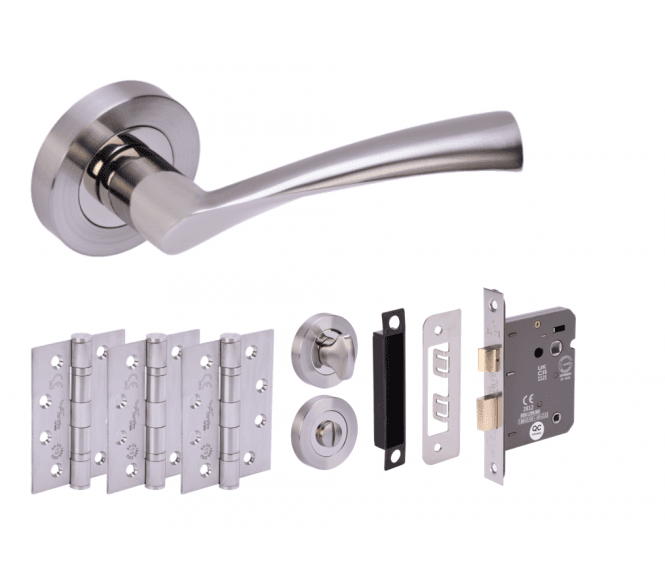 Hunta Lobo Polished/Satin Nickel Fire Rated Door Handle Bathroom Pack (3x hinges)