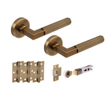 Hunta Modena Knurled Lever On Round Rose Bullet Latch Pack (x3 76mm hinges) - Antique Brass