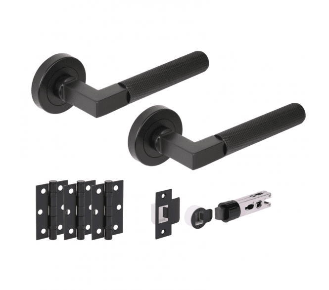 Hunta Modena Knurled Lever On Round Rose Bullet Latch Pack (x3 76mm hinges) - Matt Black