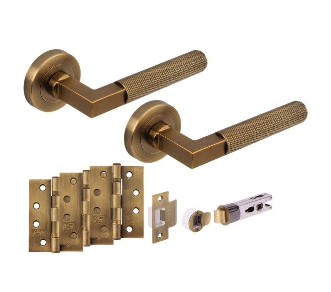 Hunta Modena Knurled Lever On Round Rose Fire Rated Bullet Latch Pack (x3 102mm FD hinges) - Antique Brass