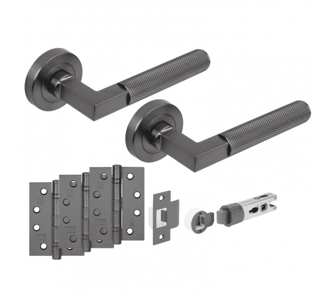Hunta Modena Knurled Lever On Round Rose Fire Rated Bullet Latch Pack (x3 102mm FD hinges) - Gun Metal
