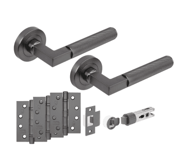 Hunta Modena Knurled Lever On Round Rose Fire Rated Bullet Latch Pack (x3 102mm FD hinges) - Gun Metal