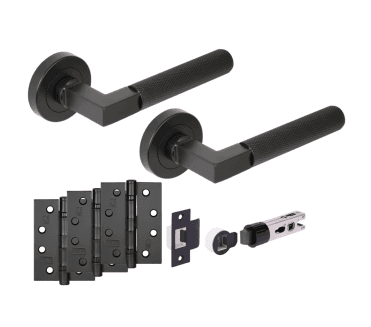 Hunta Modena Knurled Lever On Round Rose Fire Rated Bullet Latch Pack (x3 102mm FD hinges) - Matt Black