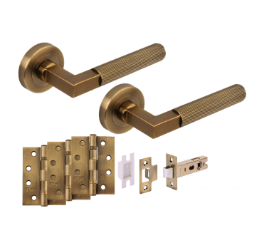 Hunta Modena Knurled Lever On Round Rose Fire Rated Latch Pack (x3 102mm FD hinges) - Antique Brass