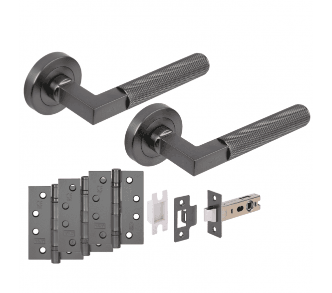 Hunta Modena Knurled Lever On Round Rose Fire Rated Latch Pack (x3 102mm FD hinges) - Gun Metal