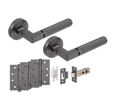 Hunta Modena Knurled Lever On Round Rose Fire Rated Latch Pack (x3 102mm FD hinges) - Gun Metal