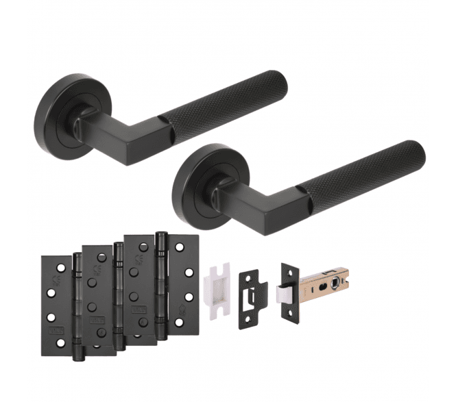 Hunta Modena Knurled Lever On Round Rose Fire Rated Latch Pack (x3 102mm FD hinges) - Matt Black