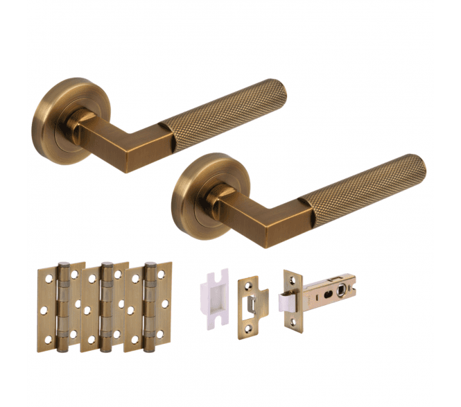 Hunta Modena Knurled Lever On Round Rose Latch Pack (x3 76mm hinges) - Antique Brass