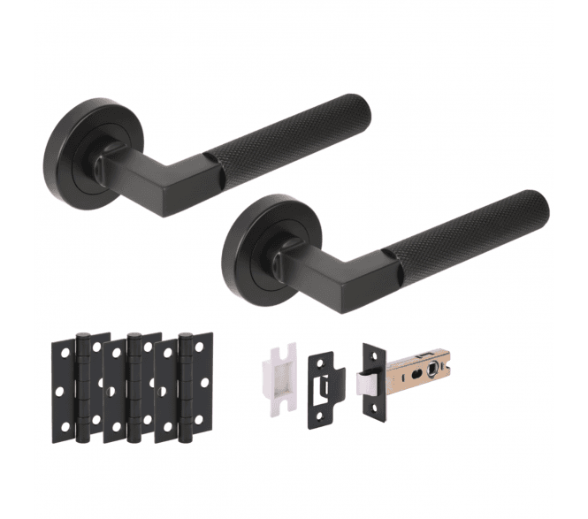 Hunta Modena Knurled Lever On Round Rose Latch Pack (x3 76mm hinges) - Matt Black