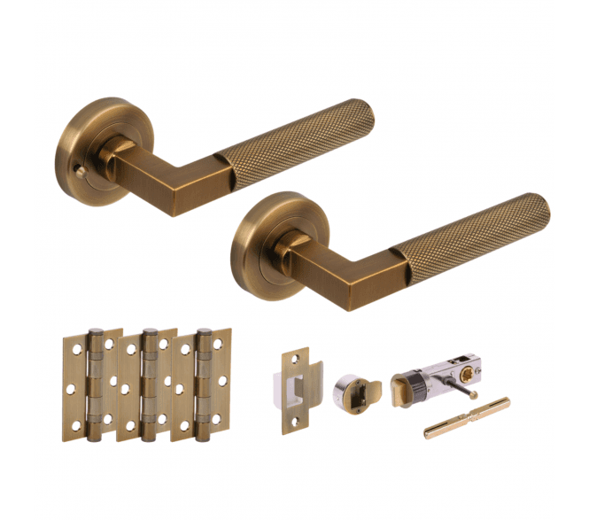 Hunta Modena Knurled Lever On Round Rose Privacy Bullet Latch Pack (x3 76mm hinges) - Antique Brass