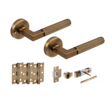 Hunta Modena Knurled Lever On Round Rose Privacy Bullet Latch Pack (x3 76mm hinges) - Antique Brass