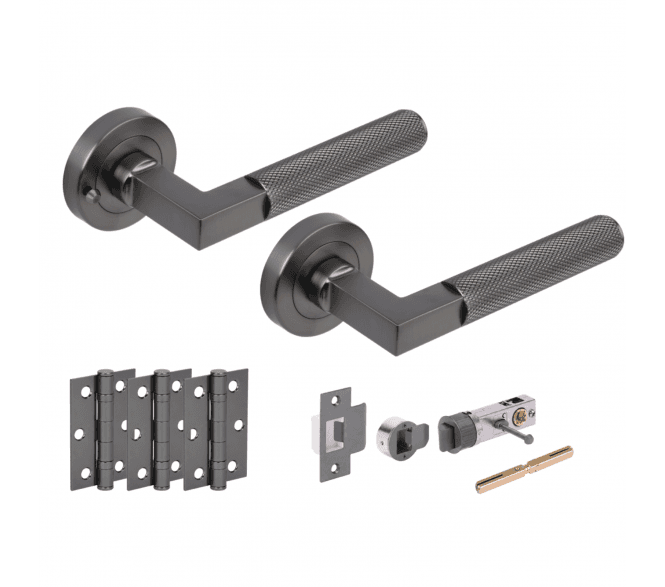 Hunta Modena Knurled Lever On Round Rose Privacy Bullet Latch Pack (x3 76mm hinges) - Gun Metal