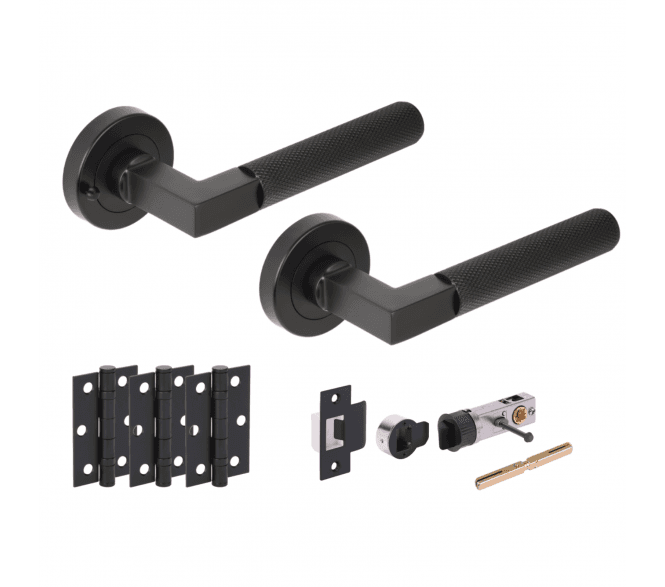 Hunta Modena Knurled Lever On Round Rose Privacy Bullet Latch Pack (x3 76mm hinges) - Matt Black