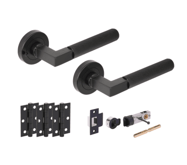 Hunta Modena Knurled Lever On Round Rose Privacy Bullet Latch Pack (x3 76mm hinges) - Matt Black